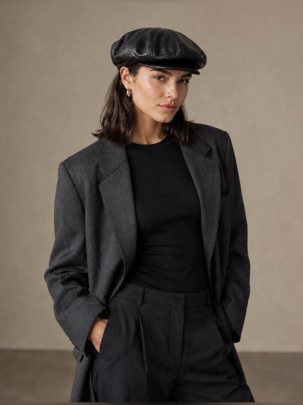 Vintage 1970’s Black Genuine Leather Patchwork Newsboy Cap Medium 22” Driver Hat - Picture 1 of 10
